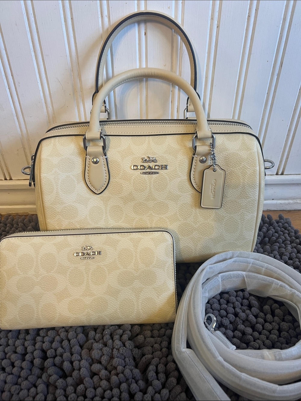 Coach Rowan Pale Yellow Signature Satchel with Matching Wallet and Strap